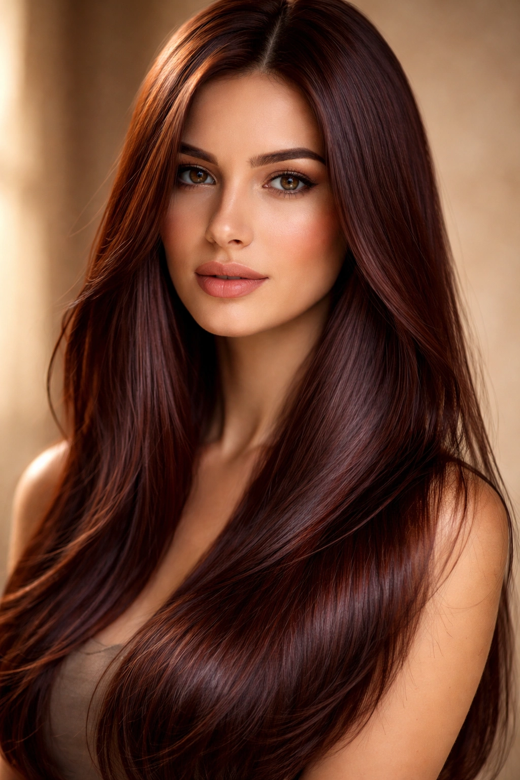 Close-up of straight hair in mahogany brown with warm reddish undertones