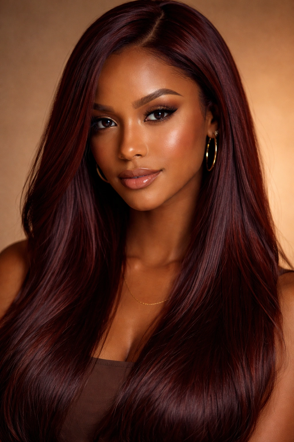 Portrait of straight hair in mahogany brown with warm red undertones.