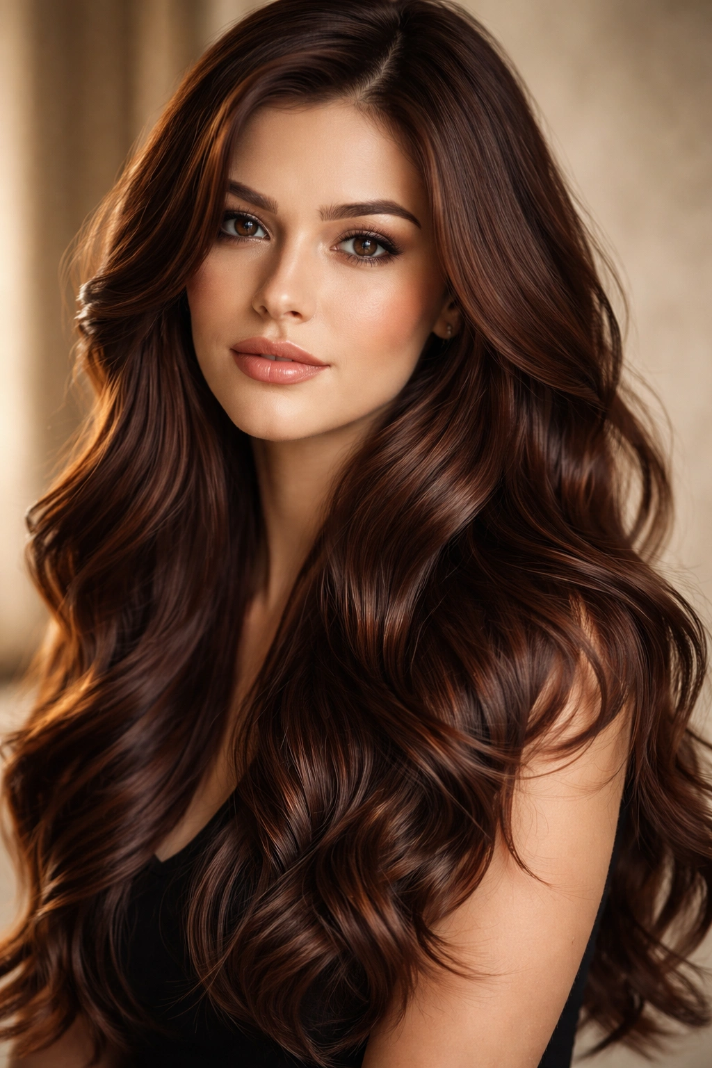 Warm mahogany brown waves with subtle blended layers and red undertones