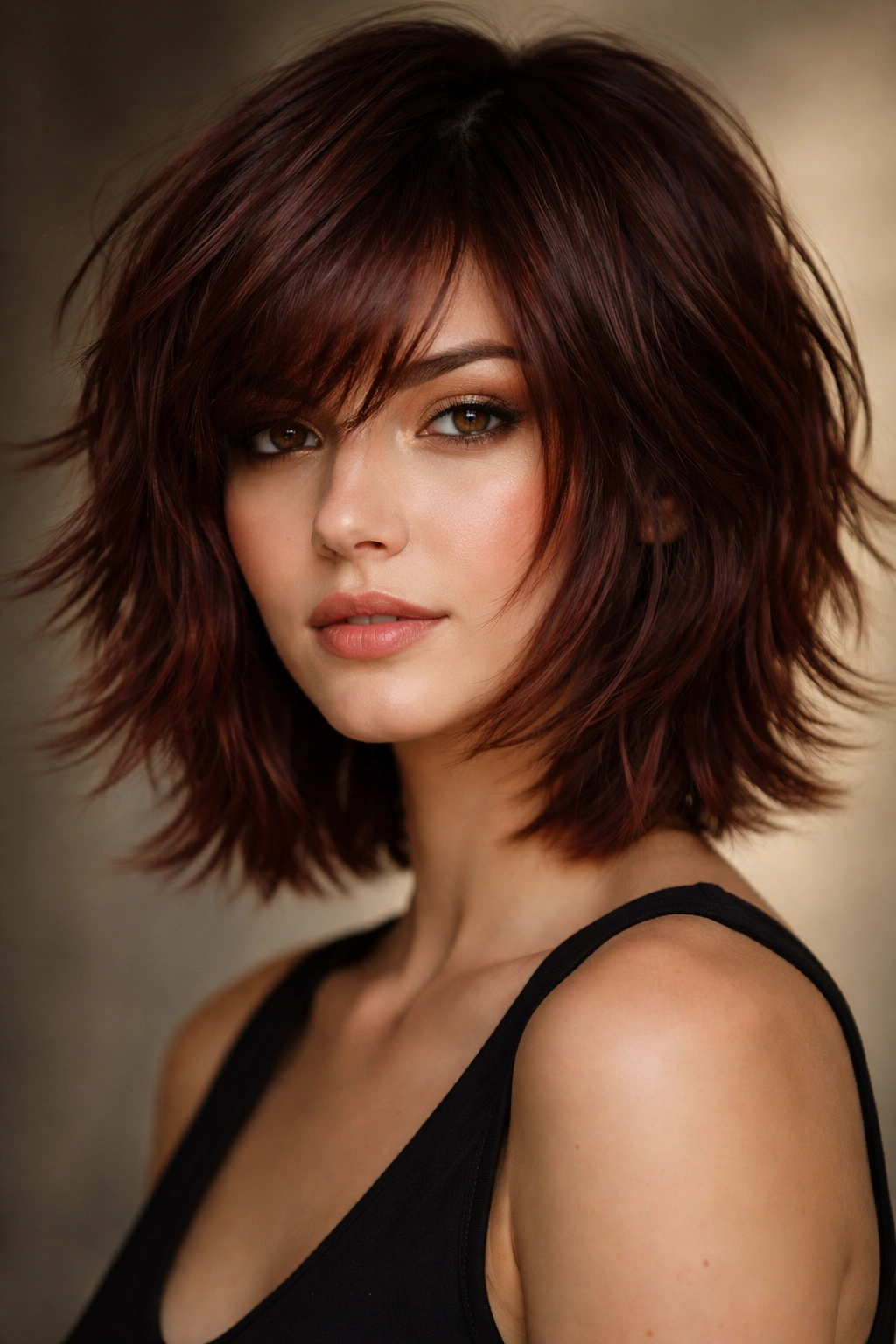 Front view of mahogany-toned choppy layers with bold texture