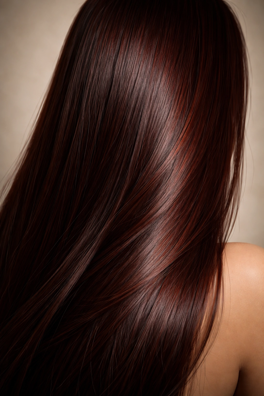 Close-up of straight hair in Dark Mahogany with deep red-brown tones