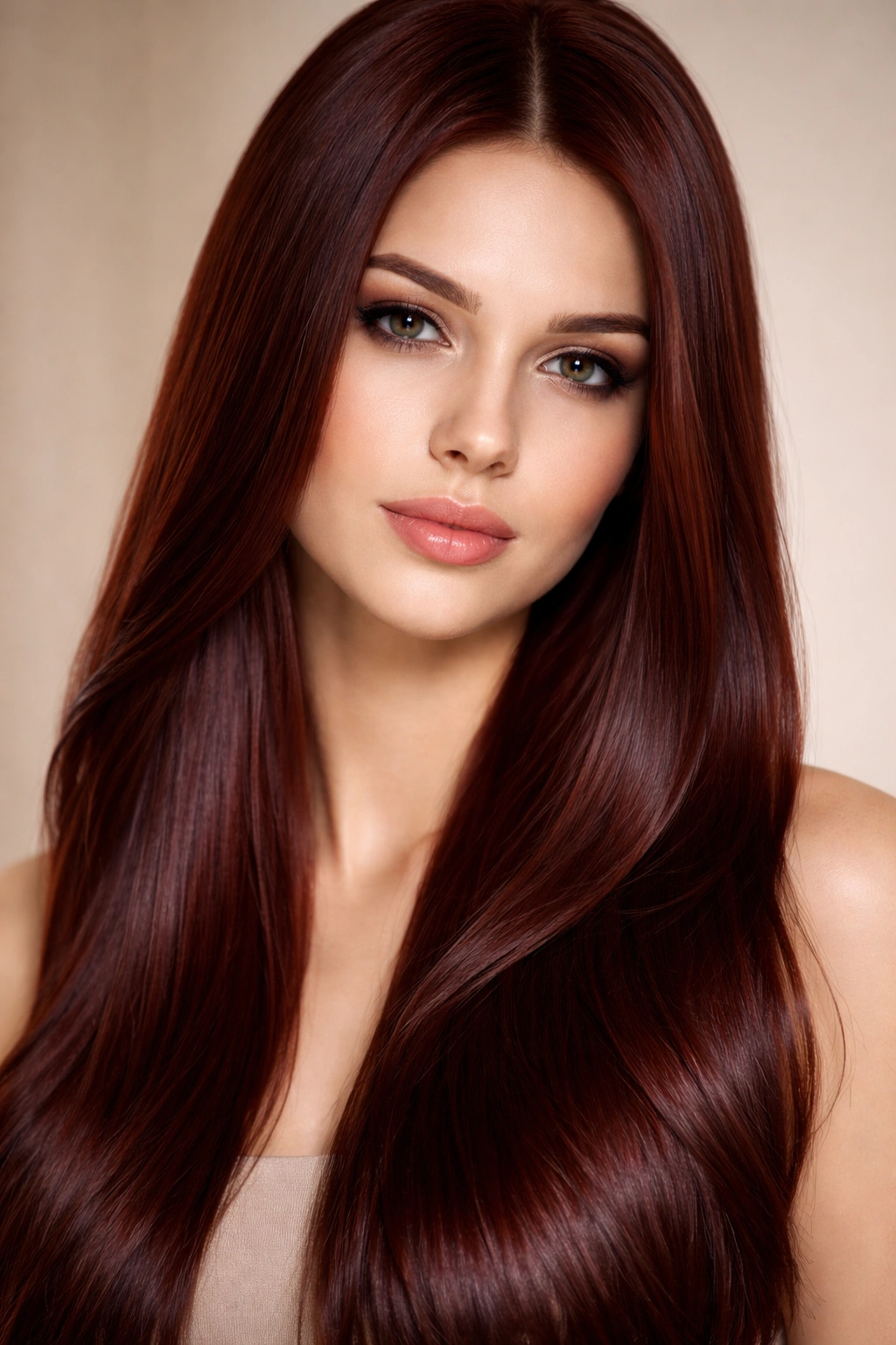 Close-up of straight hair in mahogany red-brown shade with glossy finish.