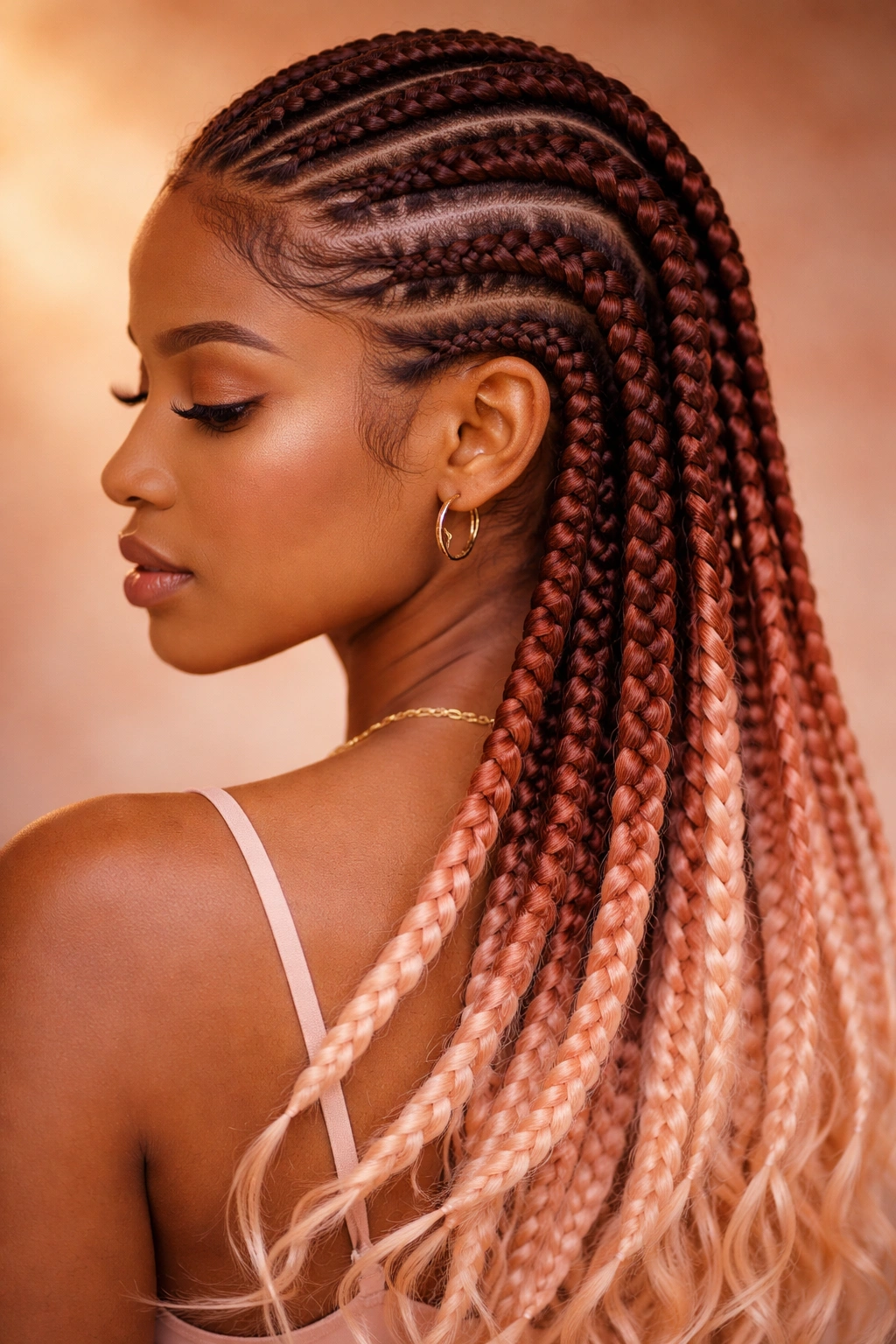 Close-up of mahogany to peach feed-in cornrows with warm gradient