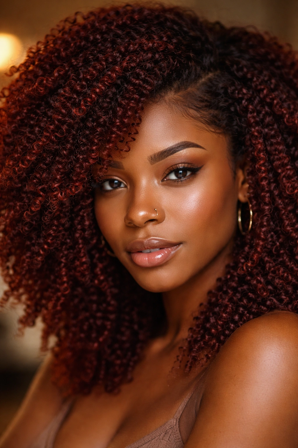 Close-up of coily hair in mahogany red with depth and glow