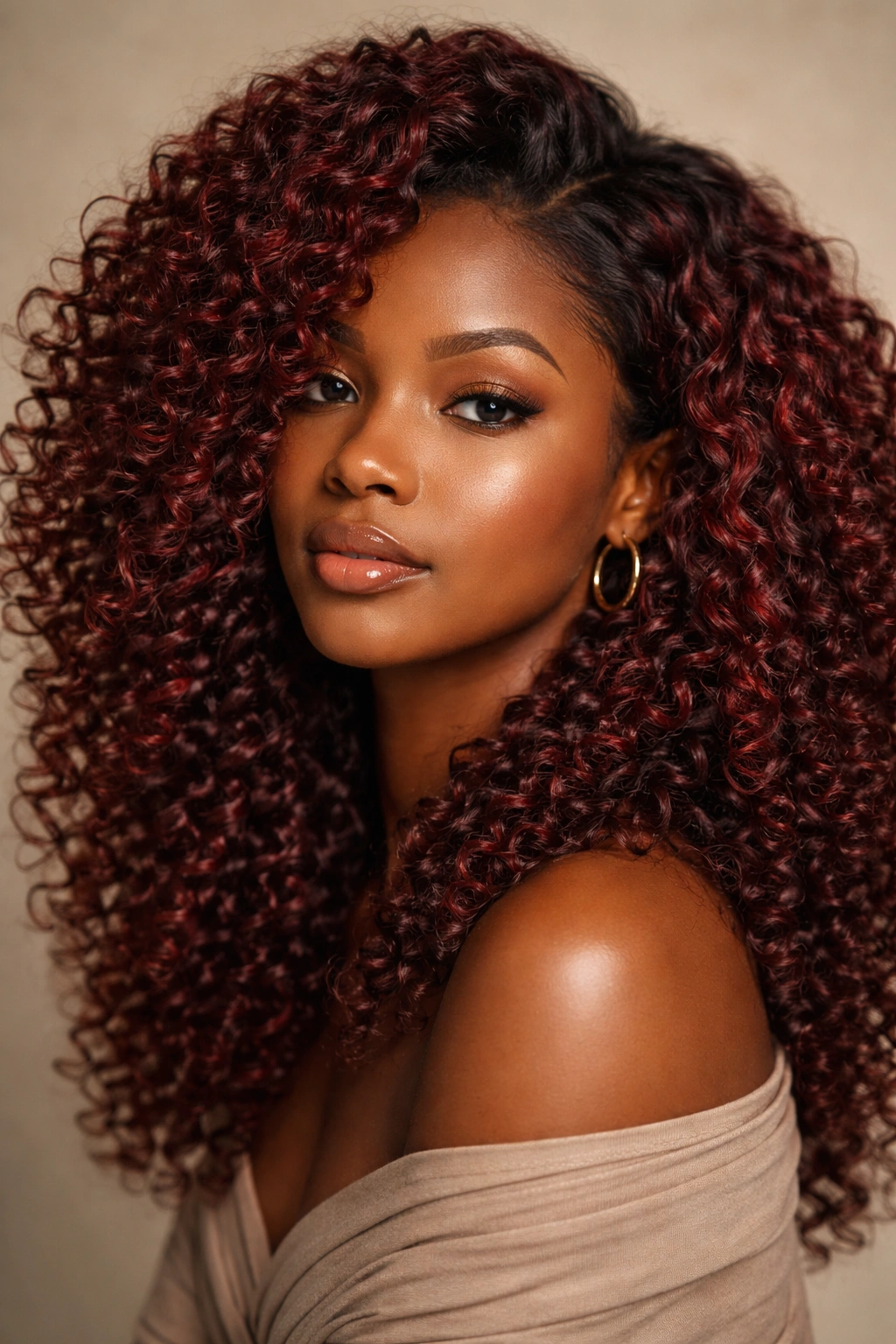 Close-up of mahogany red coily hair showing depth and shimmer