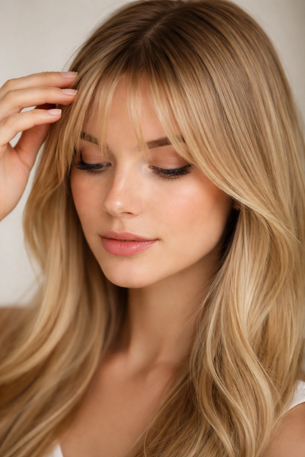 Close-up of a person maintaining curtain bangs by brushing