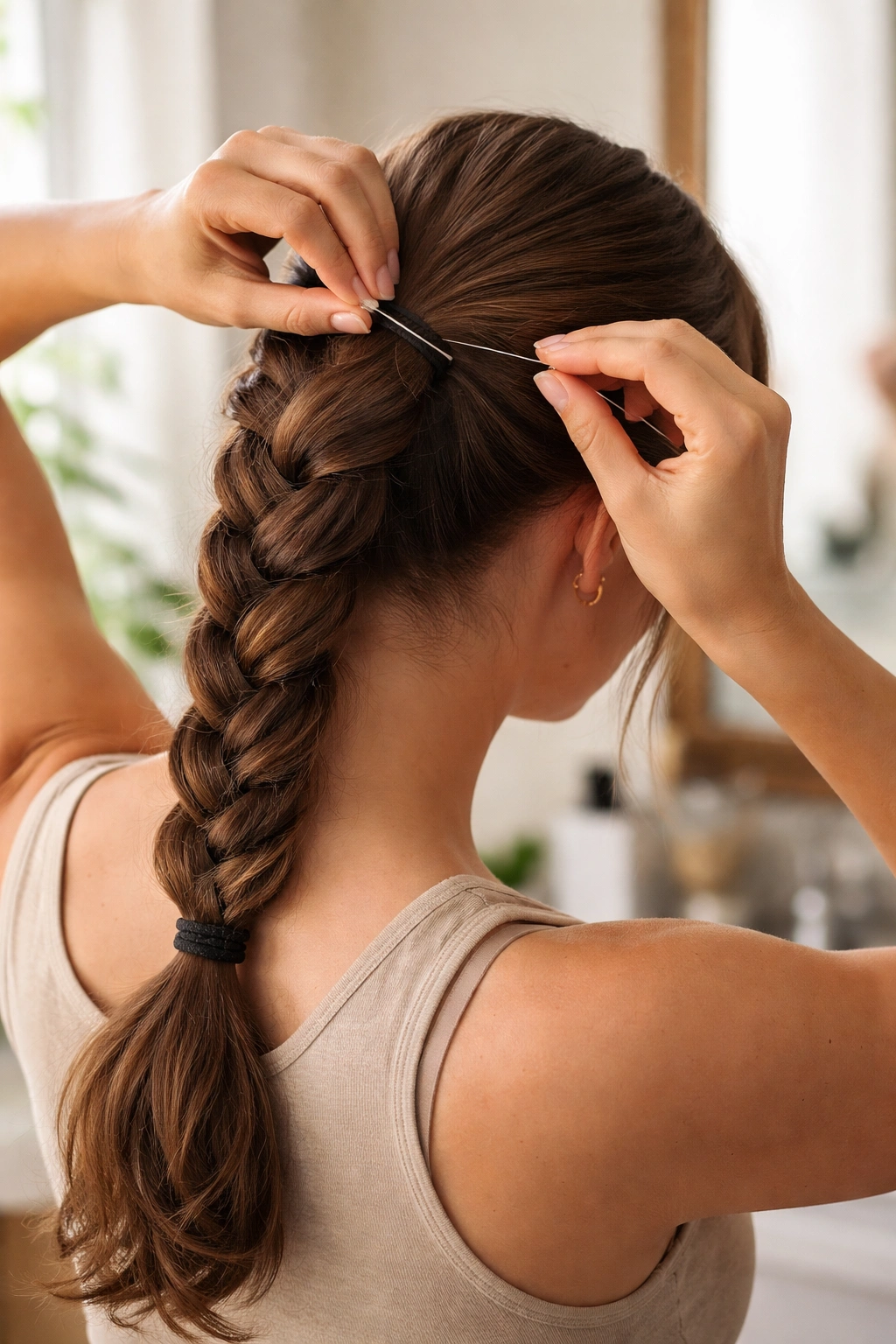 Person adjusting a long side braided ponytail with extra elastic and pins