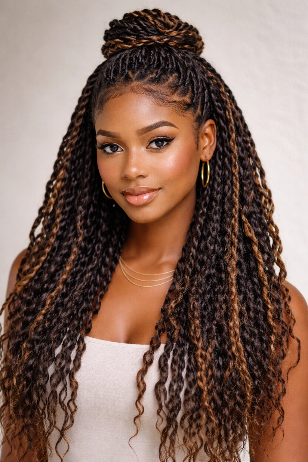 Close-up of marled twists in a half-up half-down hairstyle with two-tone texture
