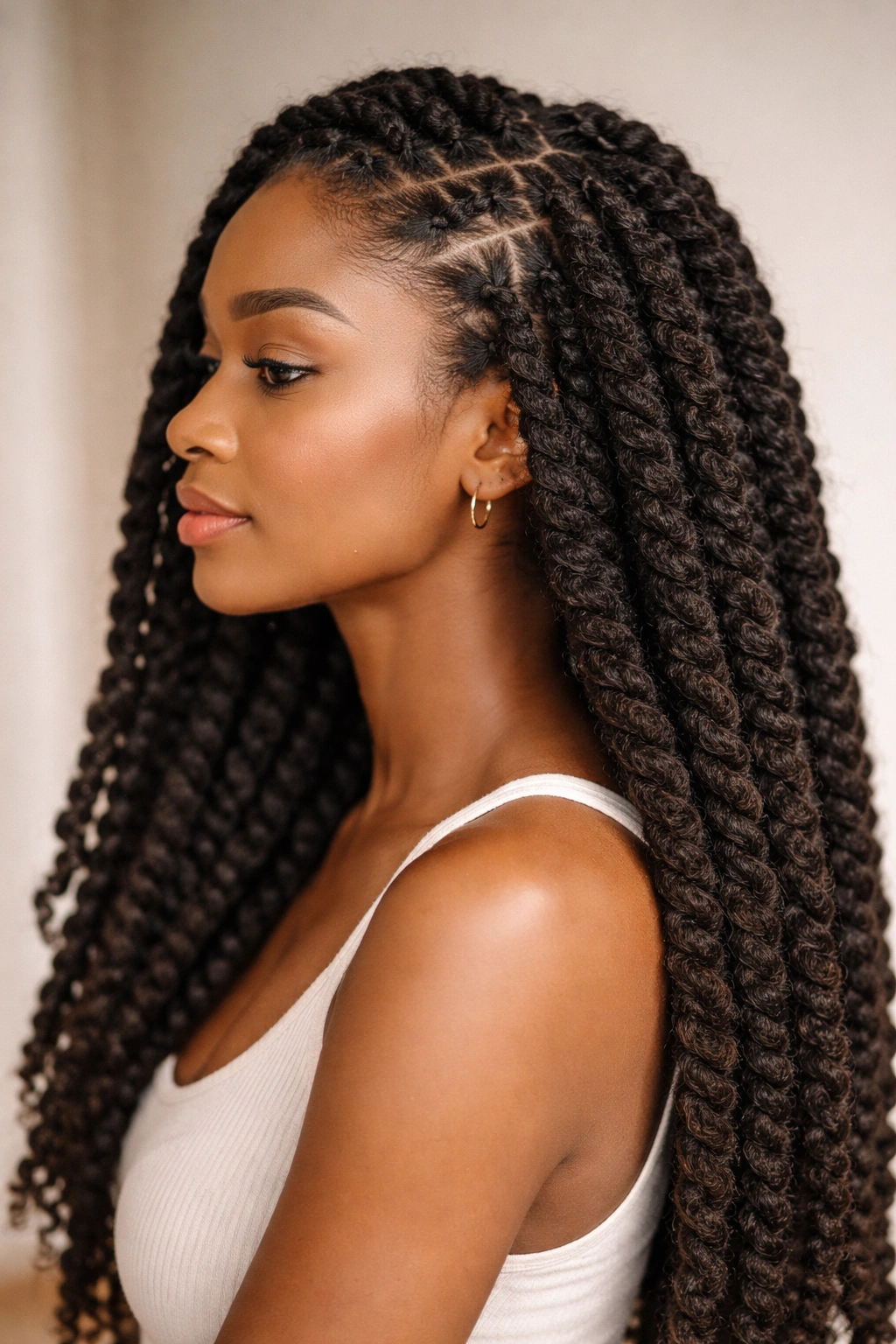 Side profile of coily hair in Marley/kinky twists protective style