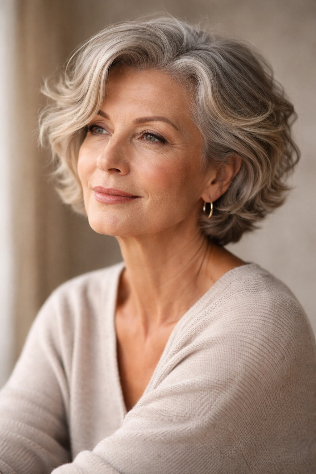 Mature woman with short wavy hair in a thoughtful pose