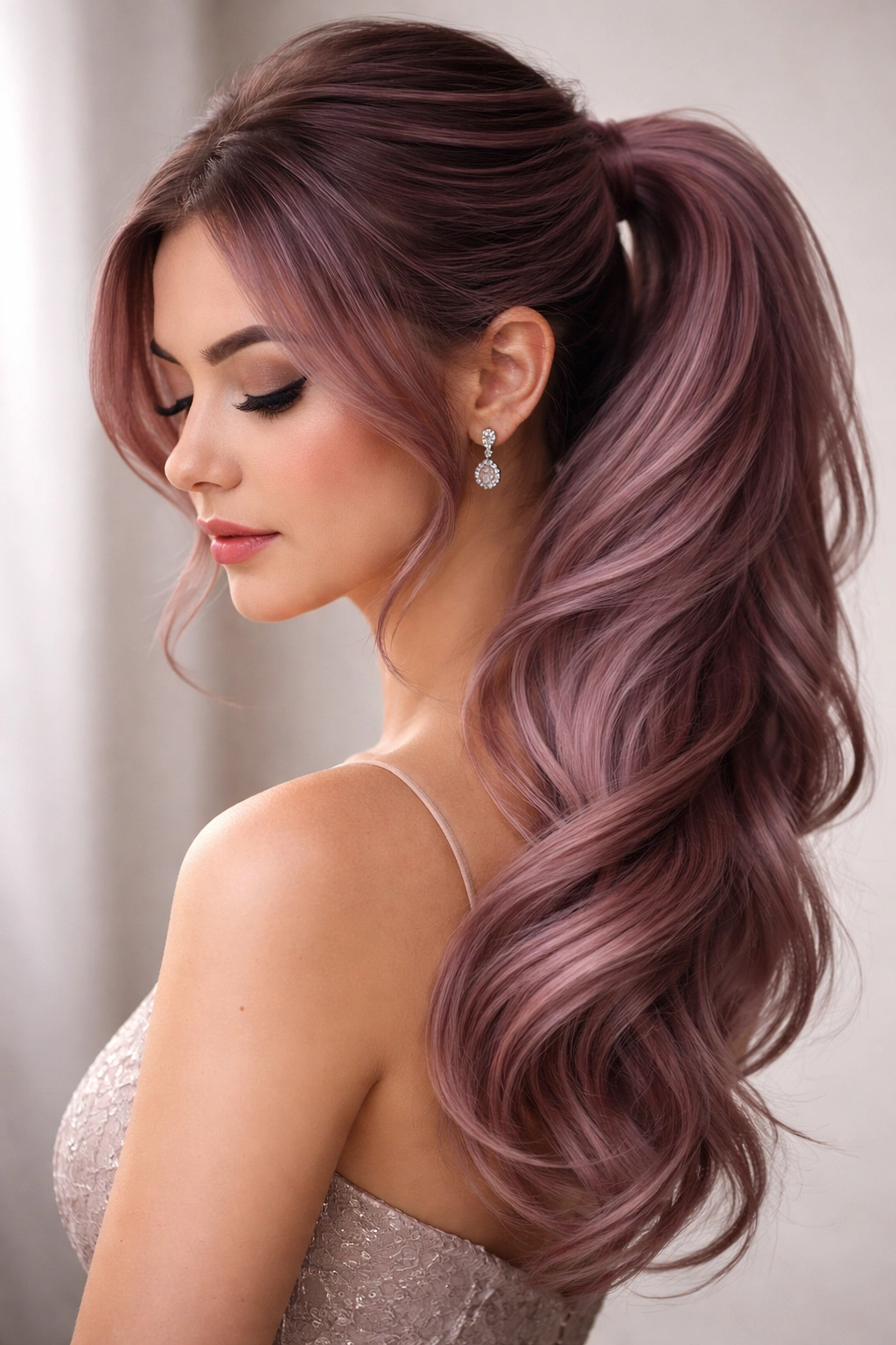 Close-up side view of mauve pink side ponytail with asymmetrical silhouette over the shoulder