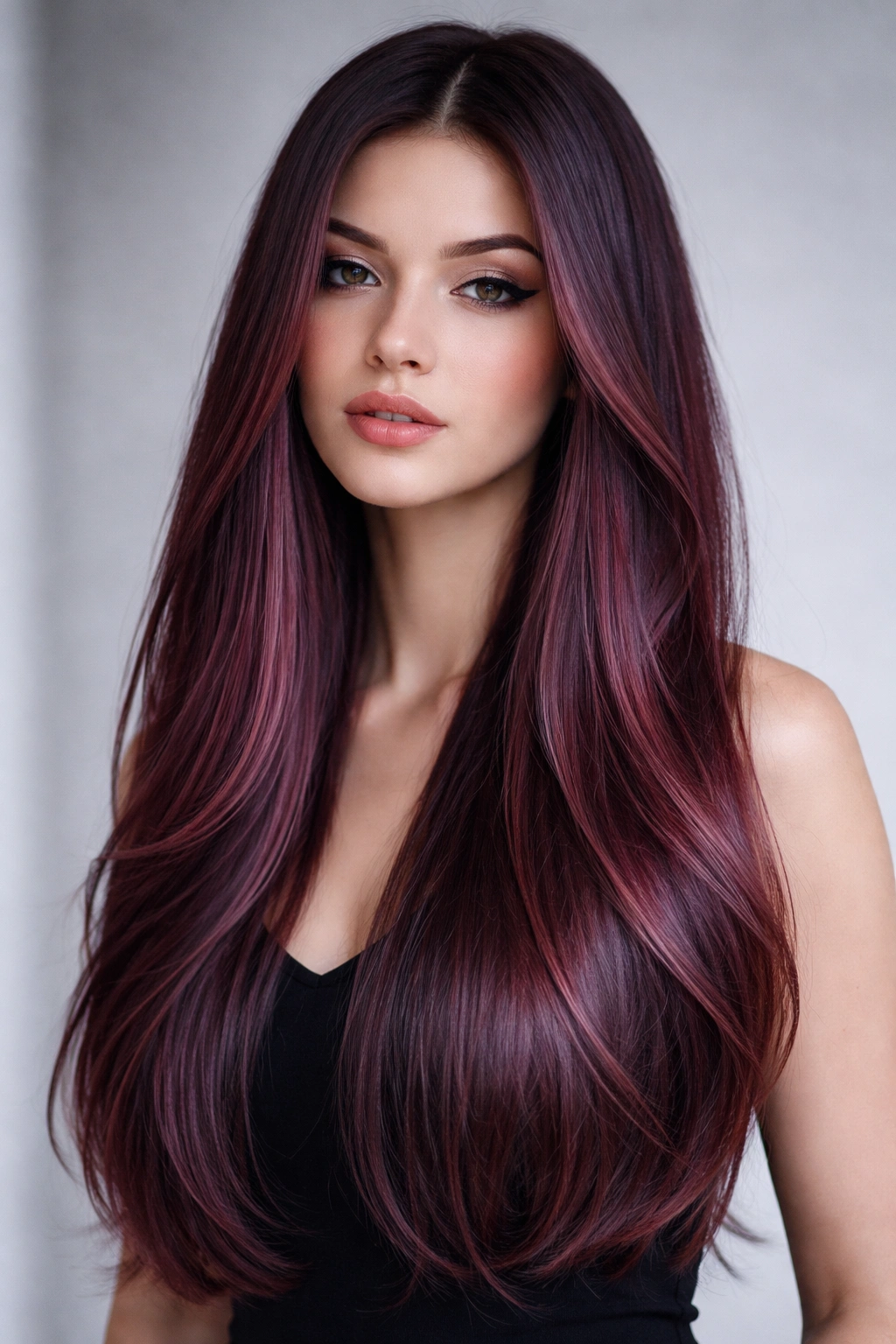 Straight hair with cool mauve red balayage shades including dusty rose and plum