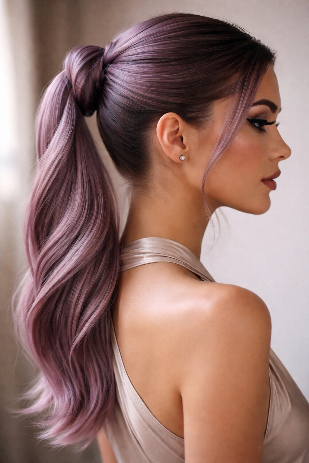 Sleek mauve ponytail with double twist detail