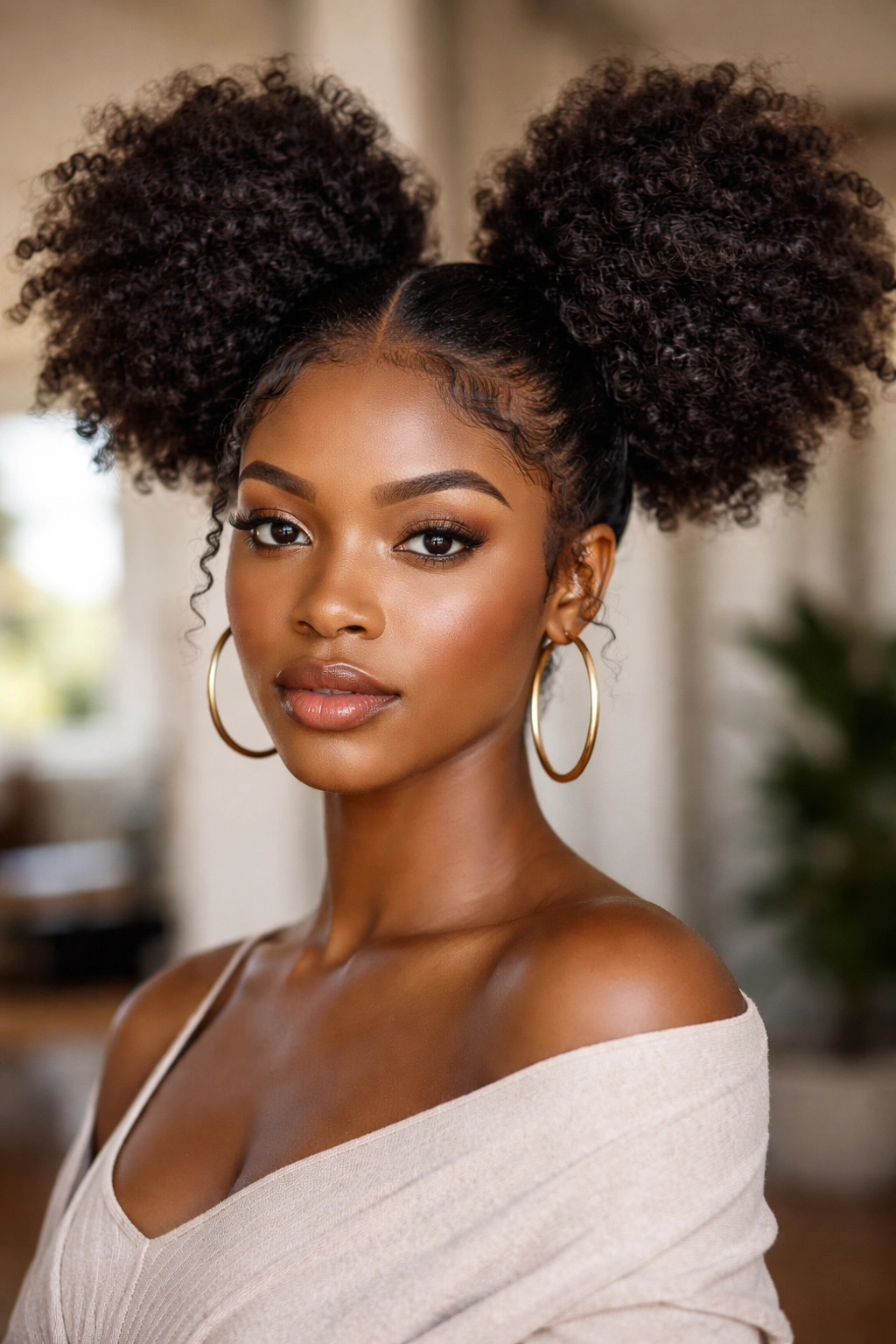 Mega space buns with loose coils creating large, sculptural shapes