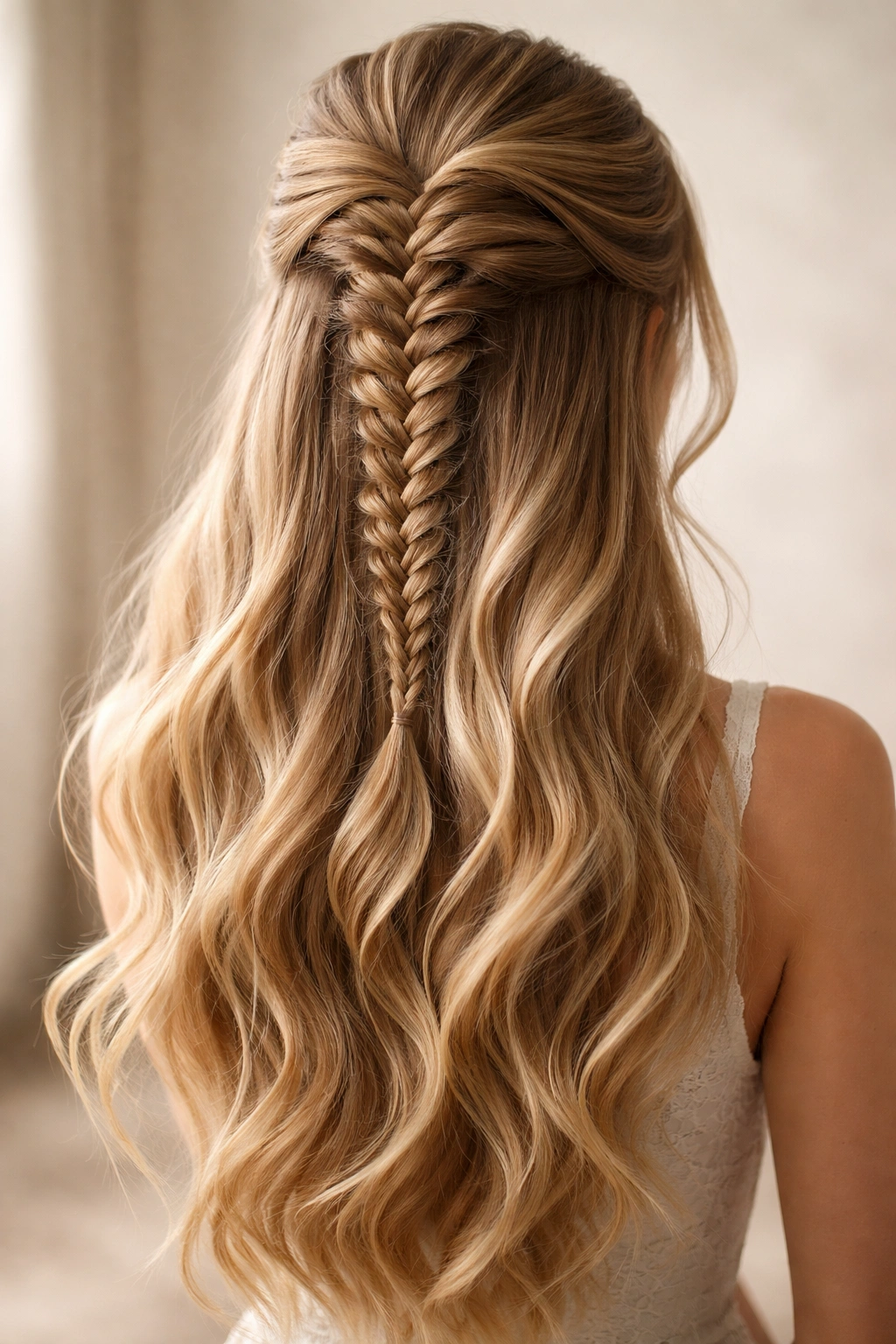 Mermaid braid half up starting at the nape and moving upward with flowing hair