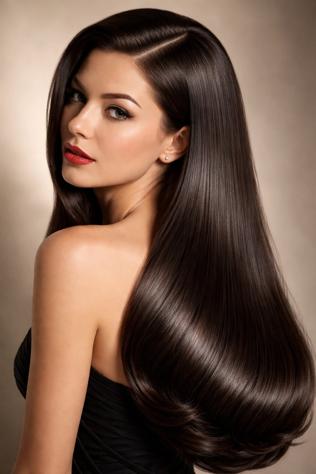 Close-up of a model's long, straight, glossy 1940s mermaid hair with a deep side part.