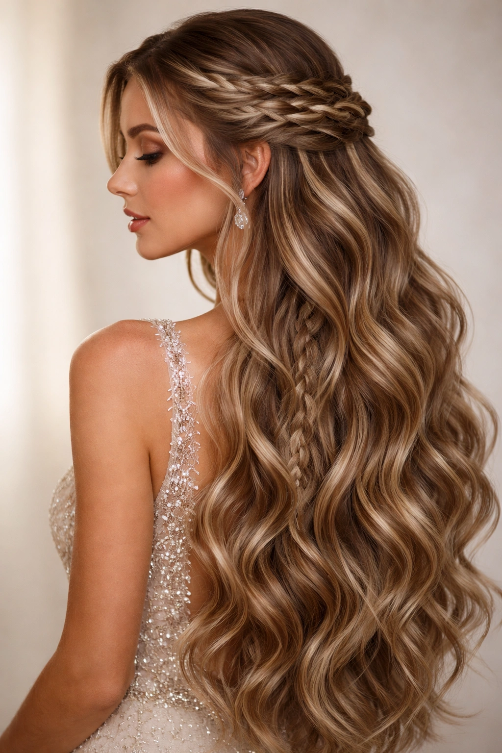 Long mermaid waves with braids and twists, styled for a formal event