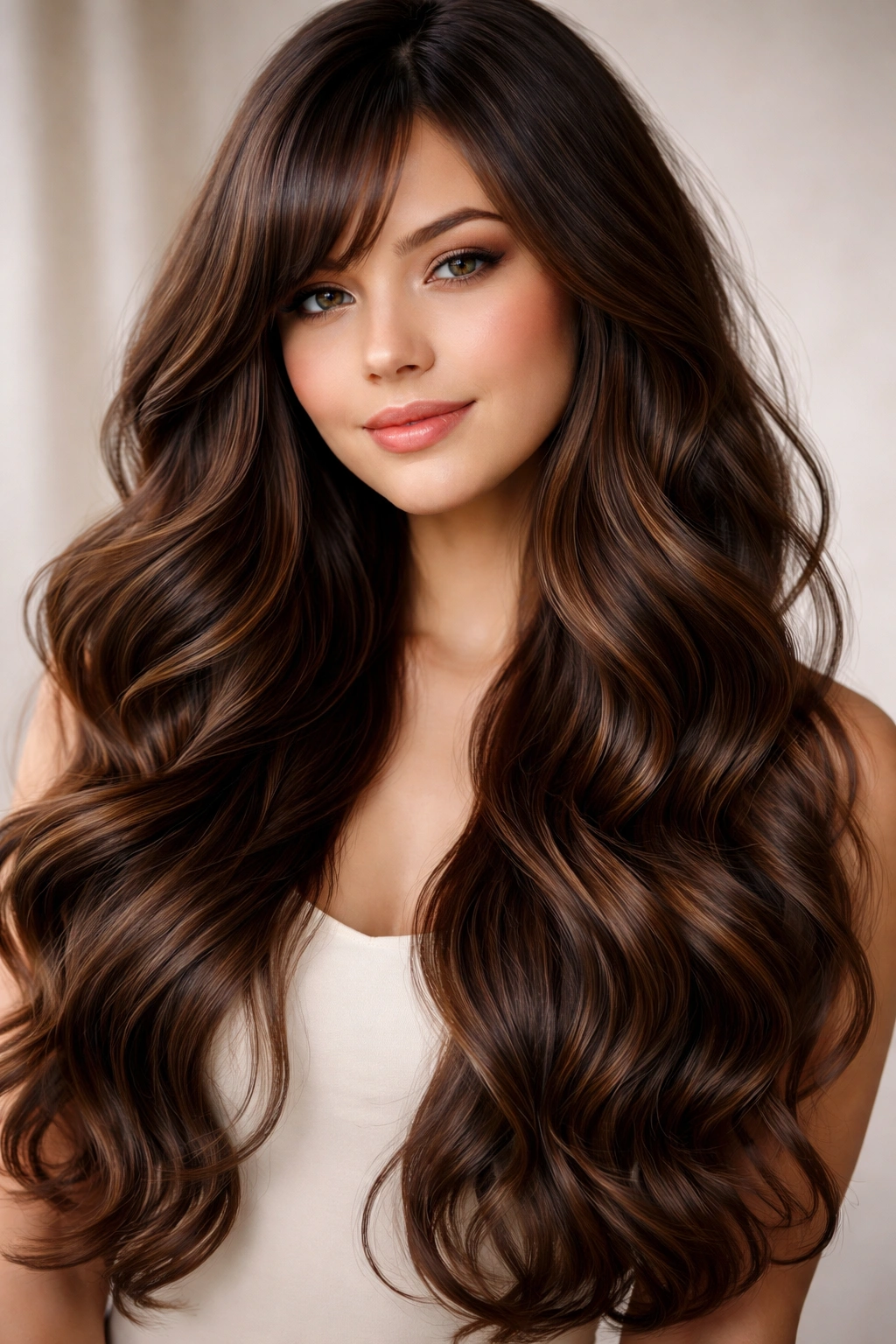 Mermaid waves with face-framing side bangs, soft lighting.