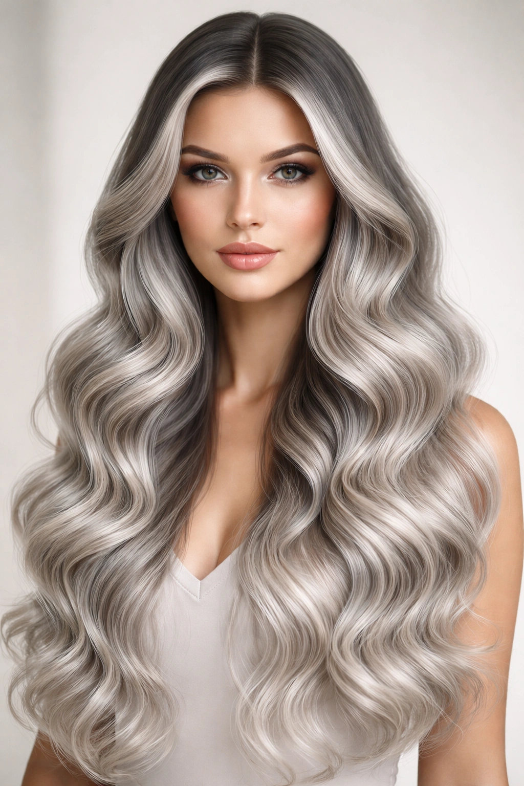 Portrait of mermaid-style silver hair with uniform waves and gradient from dark roots to pale ends.