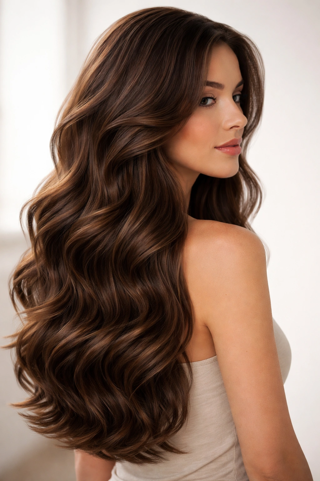 Brunette mermaid waves with graduated layers and glossy S-curves