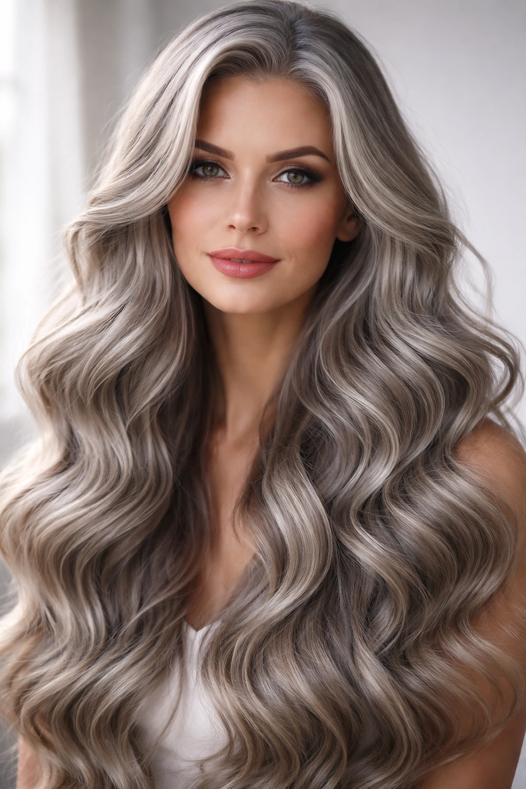 Long gray hair with mermaid waves and blended dimensional color