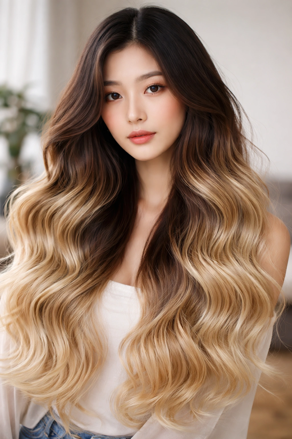 Dramatic mermaid waves with dark-to-light ombre from roots to ends