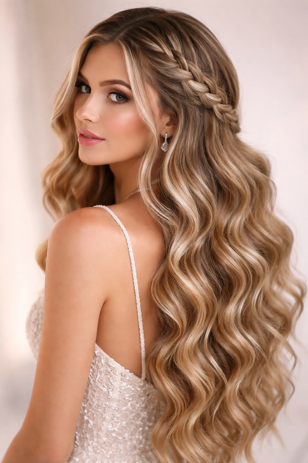 Mermaid waves with a side braid in a prom hairstyle, photographed from a three-quarter angle.