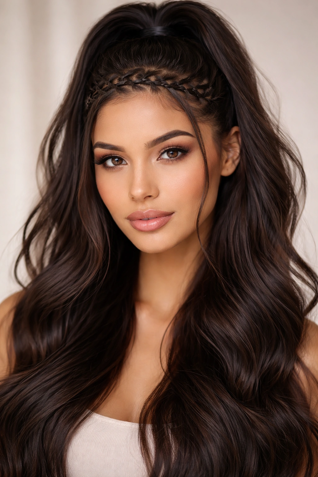 Mesh front weave half up with lattice front crown and loose hair.