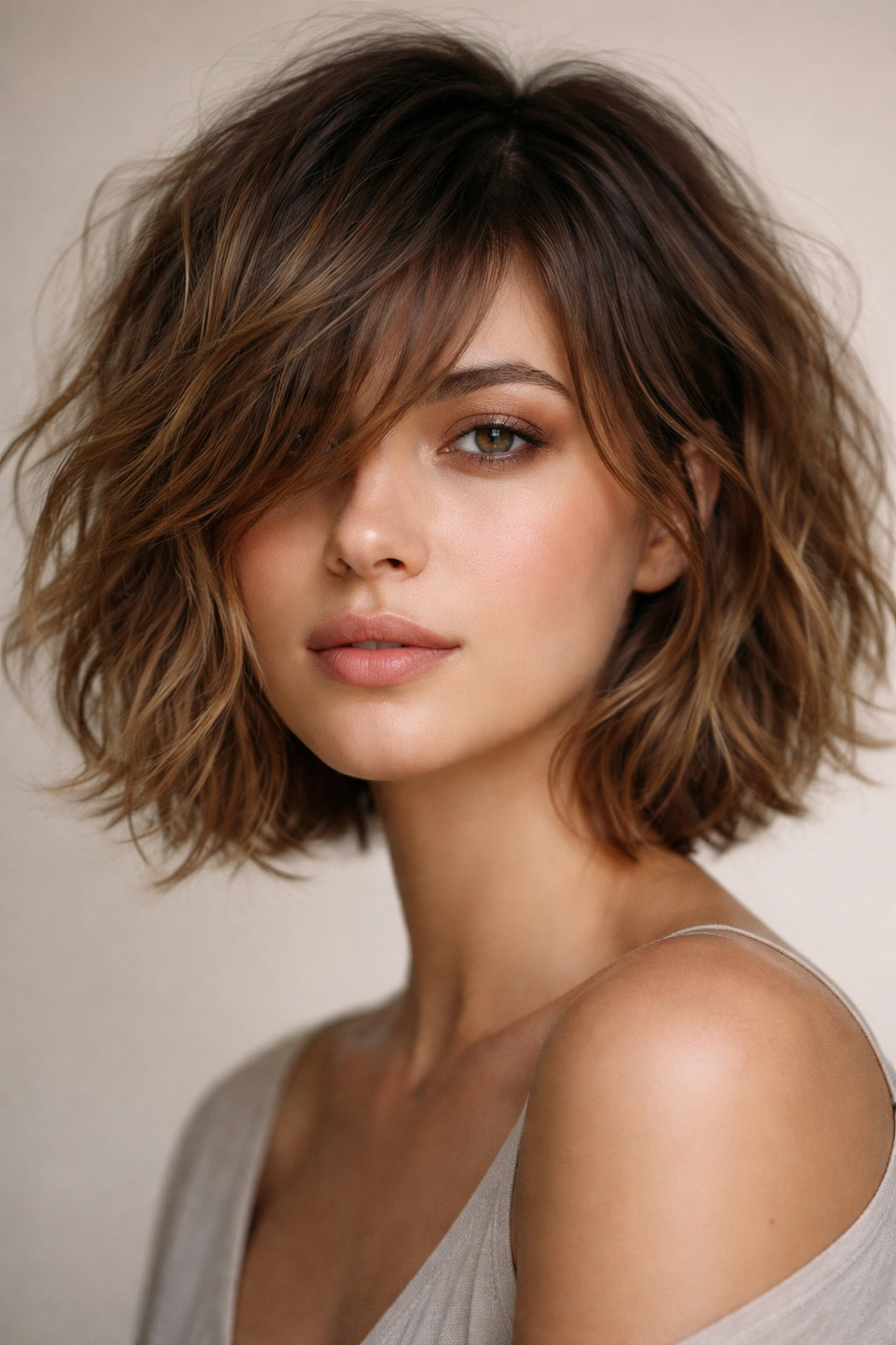 Chin-length textured bob with side-swept bangs across one side.