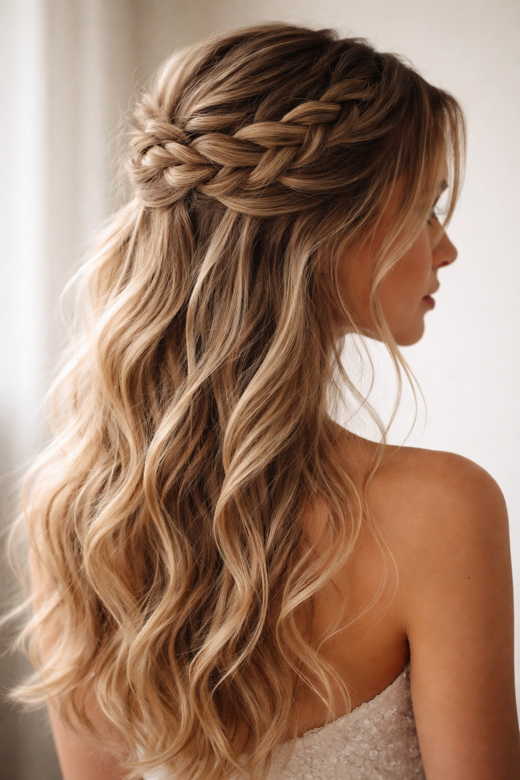 Messy braided half-up with pancake texture and face-framing pieces