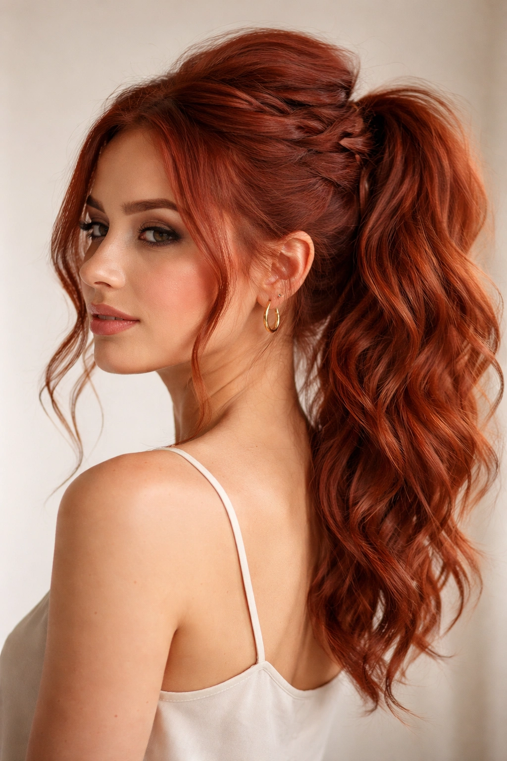 Messy textured braid flowing into a voluminous red ponytail