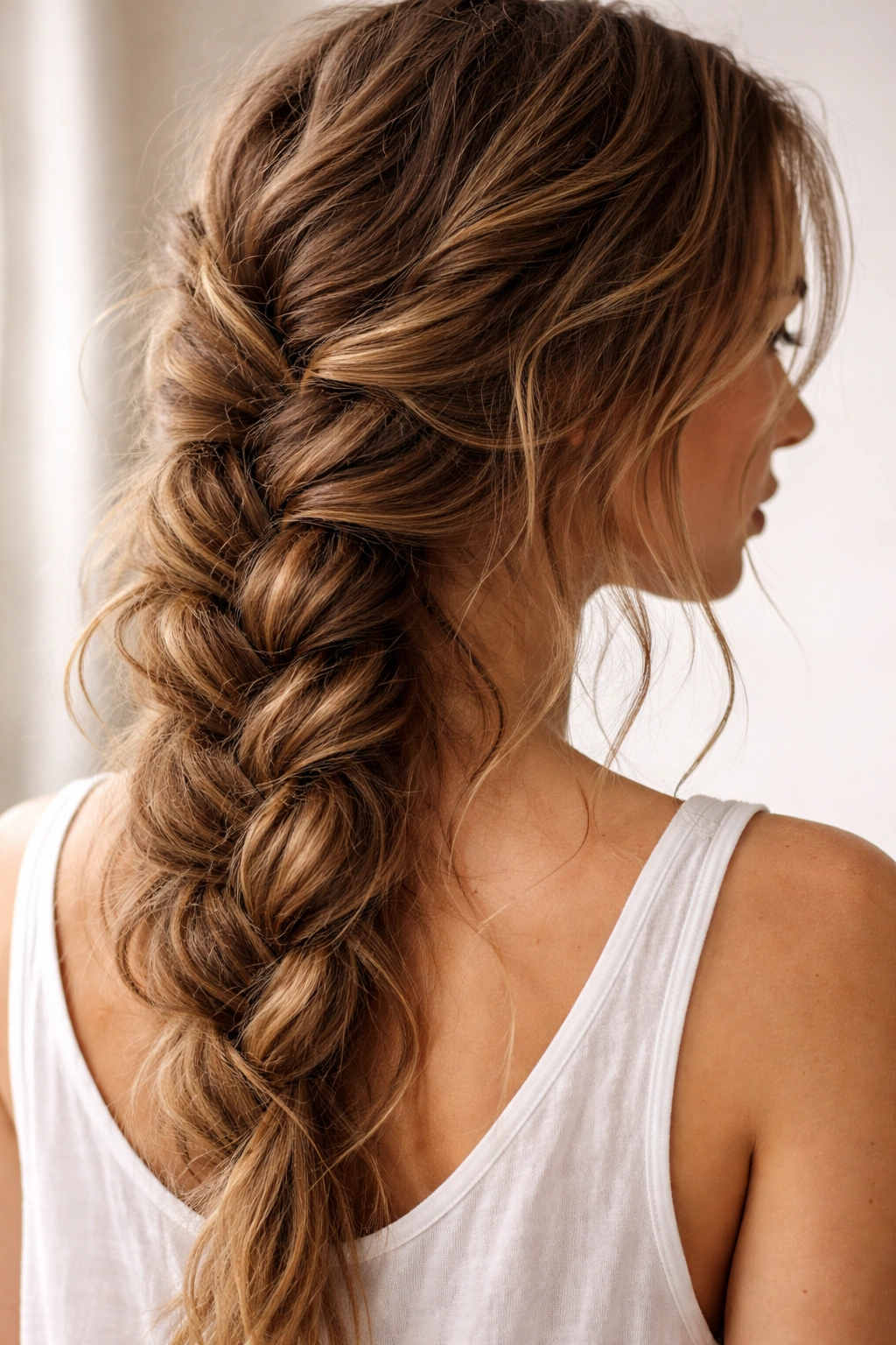 Close-up of a wavy-haired person with a loose braid showing texture