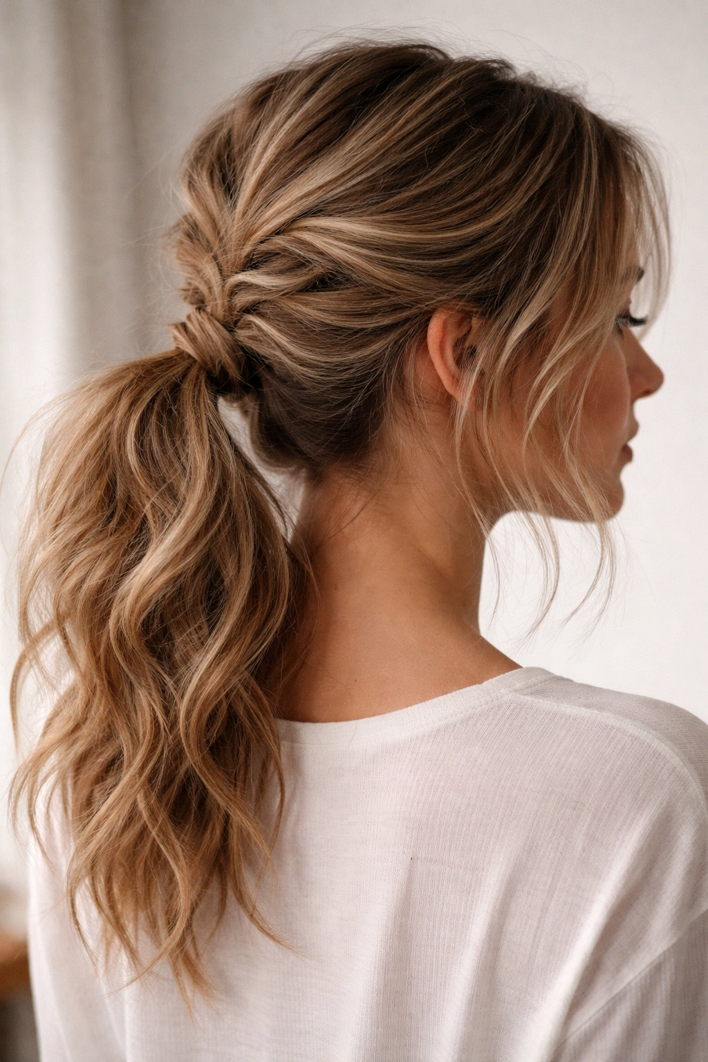 Messy Textured Braided Mid Ponytail with undone braid and mid ponytail
