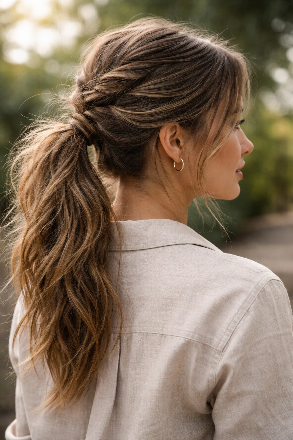 Messy braided ponytail with loose strands and textured finish