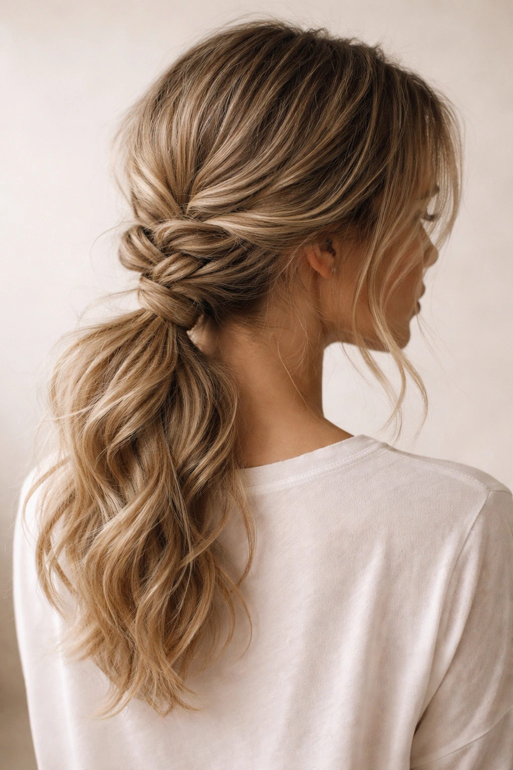 Close-up of a messy braided low ponytail at the nape with wispy strands