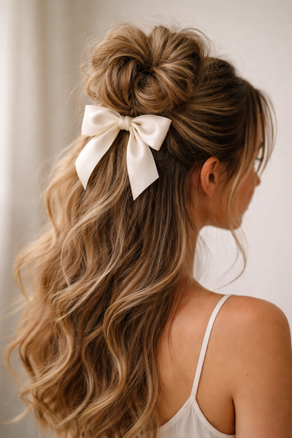 Close-up of a messy bun half-up hairstyle with a bow at the base.