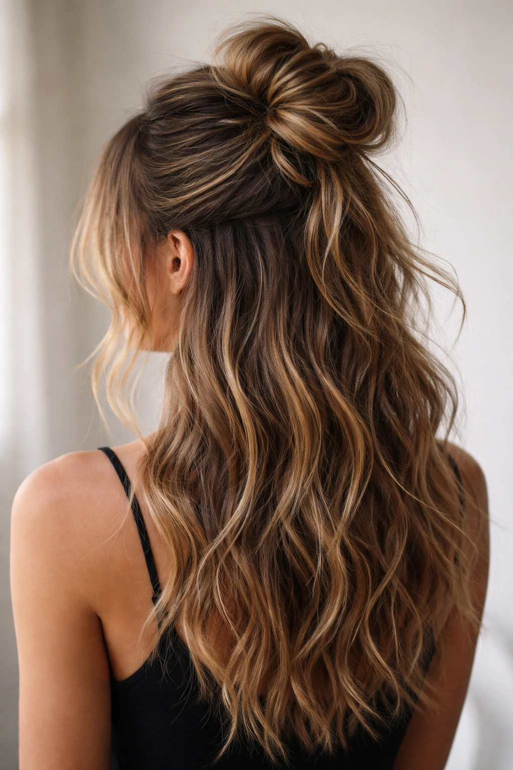 Rear view of a deliberately messy bun with loose waves