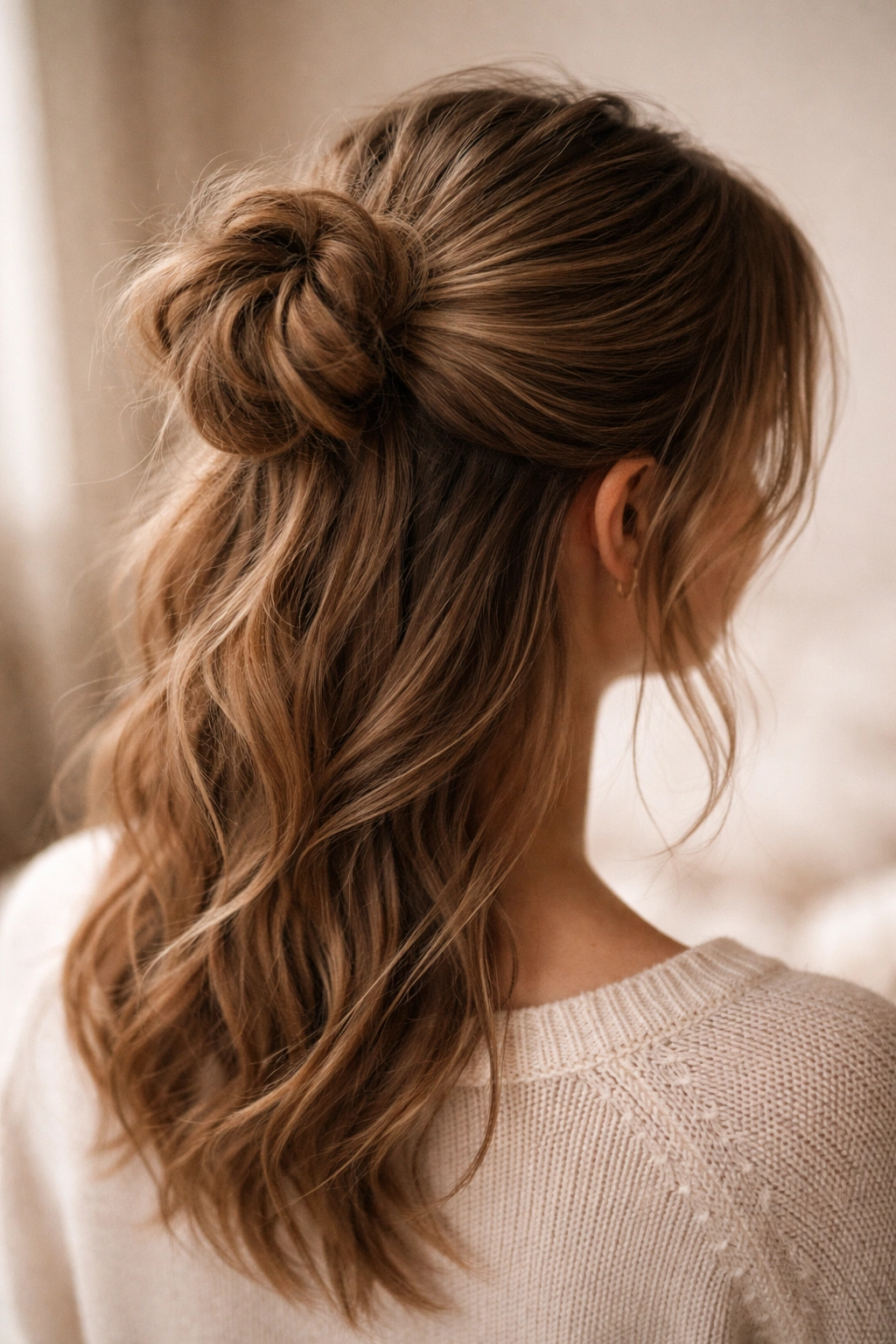 Half ponytail with a messy bun at the nape, relaxed and stylish.