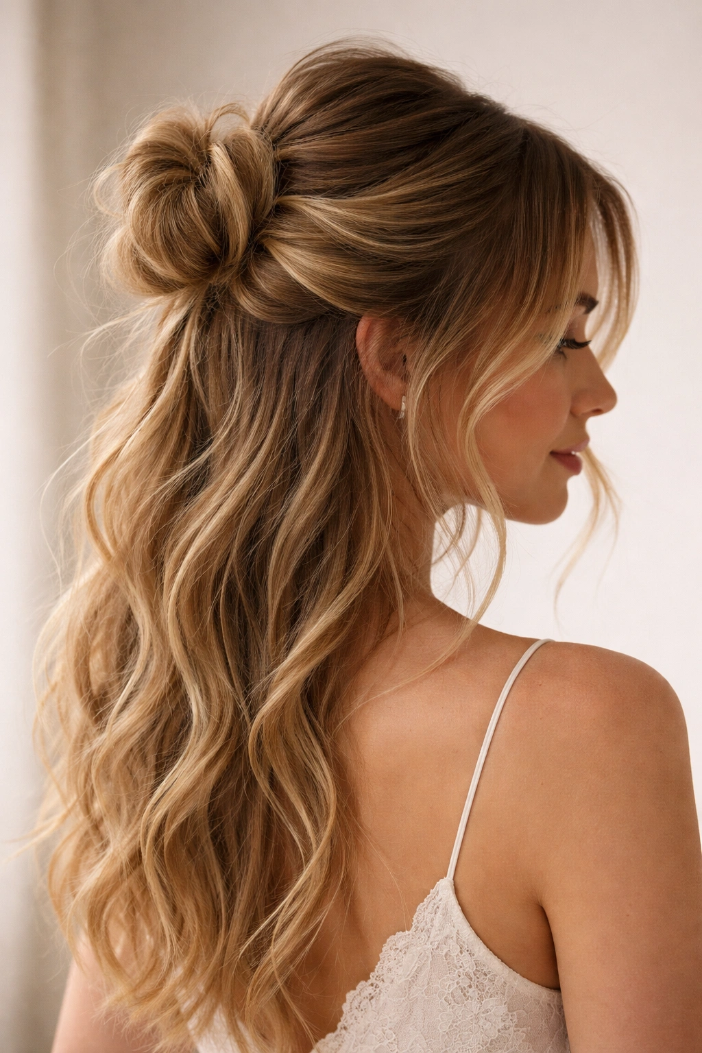 Half-up hairstyle with a soft, messy bun and loose strands.