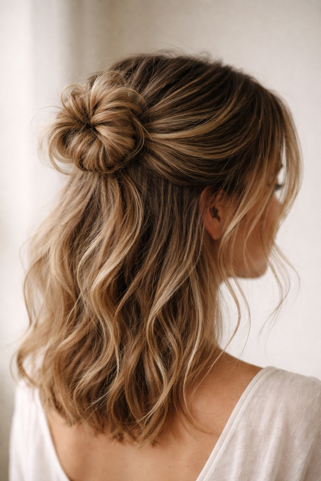 Close-up of a textured messy bun half-up at the crown with wispy strands around the face