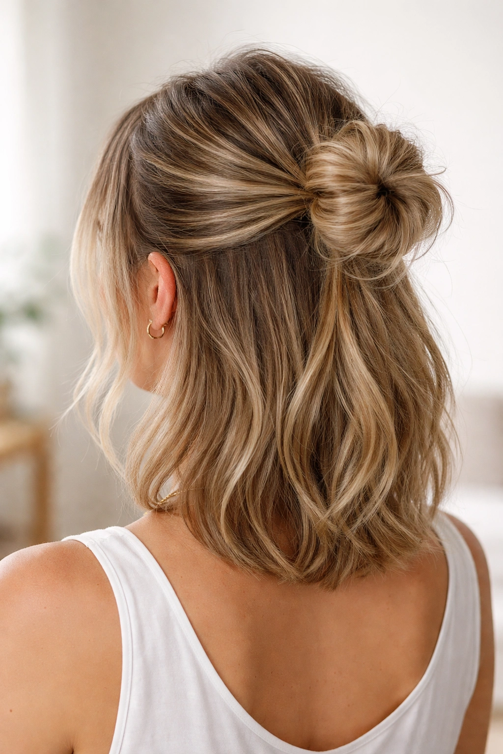 Half-up hairstyle ending in a small messy bun at the back