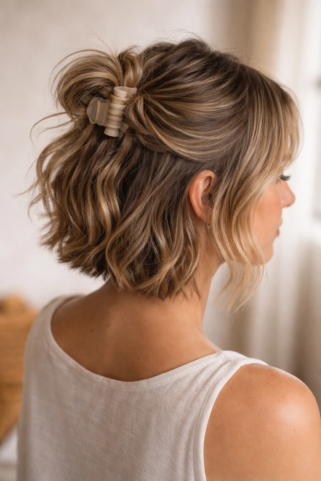 Close-up of messy bun half-up with loose strands framing the face