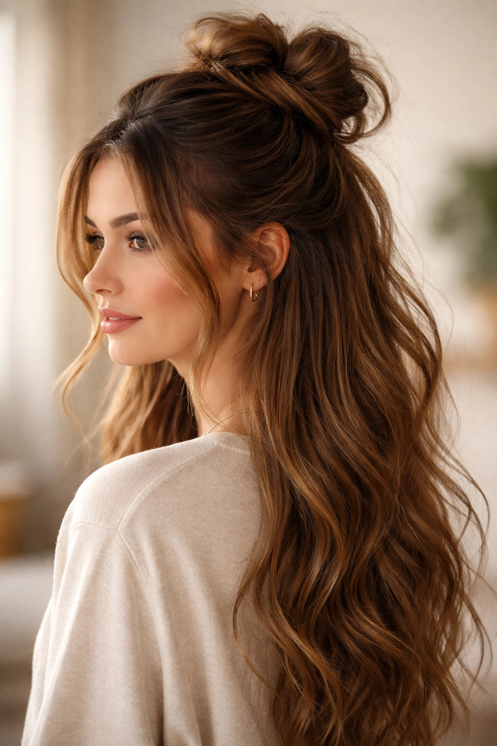 Model with top half in a loose, imperfect bun and long hair down