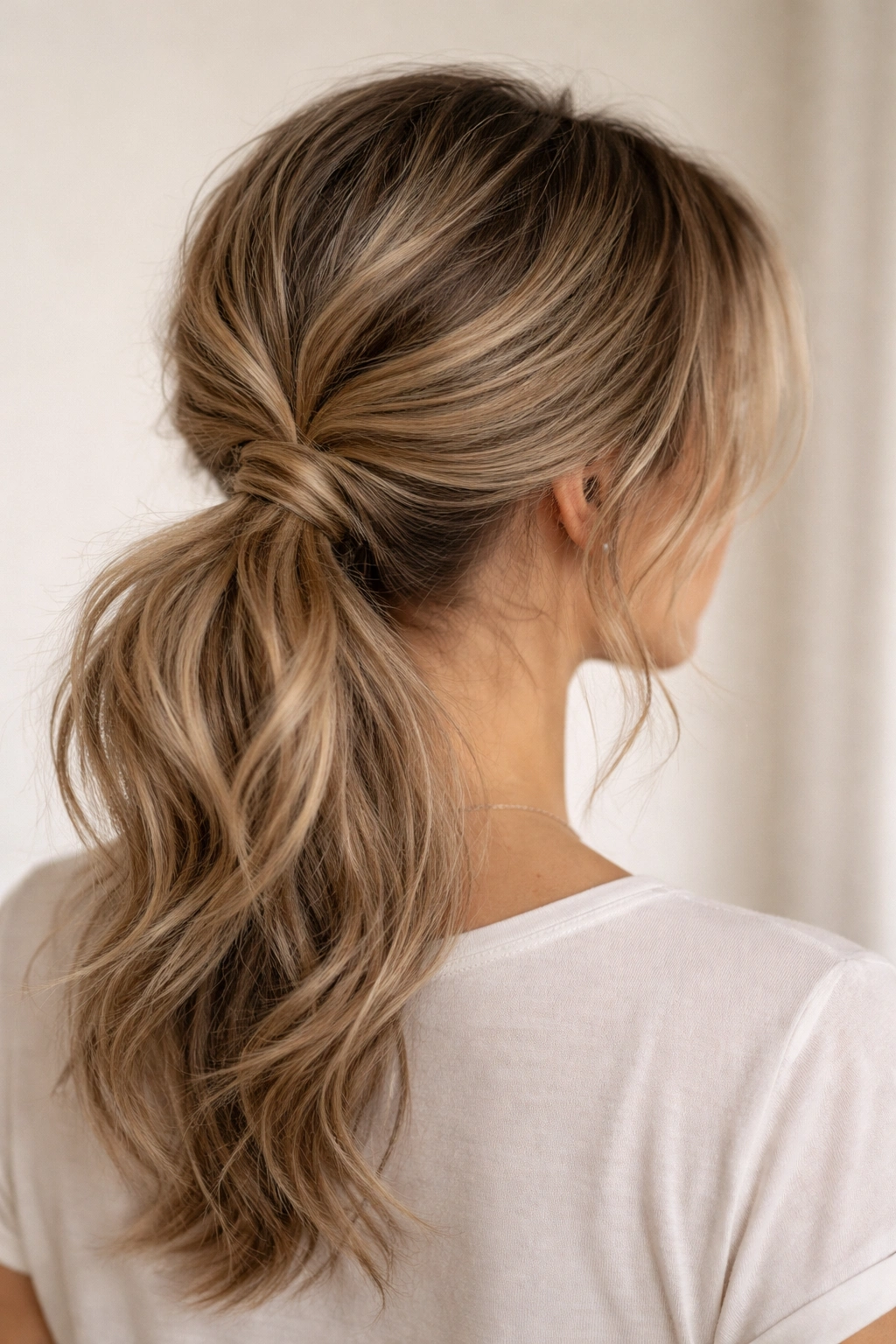 Low ponytail with bun-inspired texture and added volume