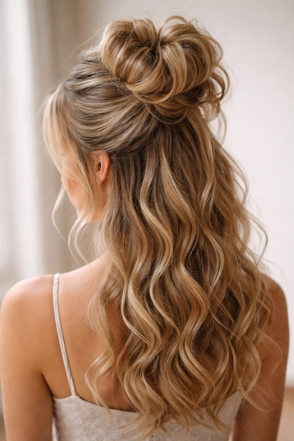 Top view of a voluminous messy bun with loose waves framing the face