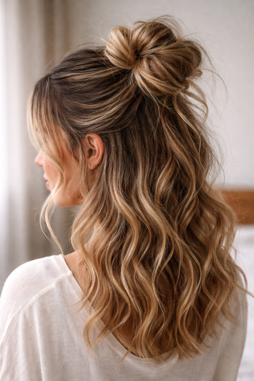 Close-up of Messy Bun with Loose Waves hairstyle with off-center bun