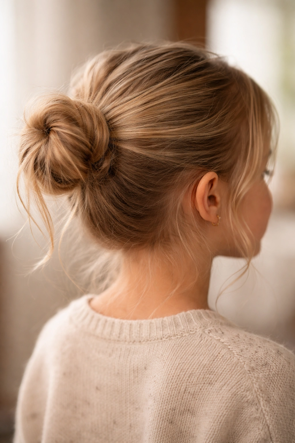 Close-up of a child's ponytail shaped into a loose messy bun with escaping strands.