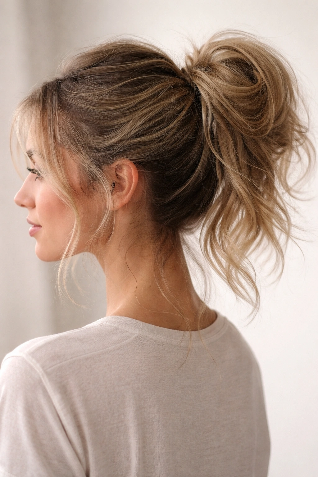 Messy bun ponytail with textured twists and loose strands on a high ponytail
