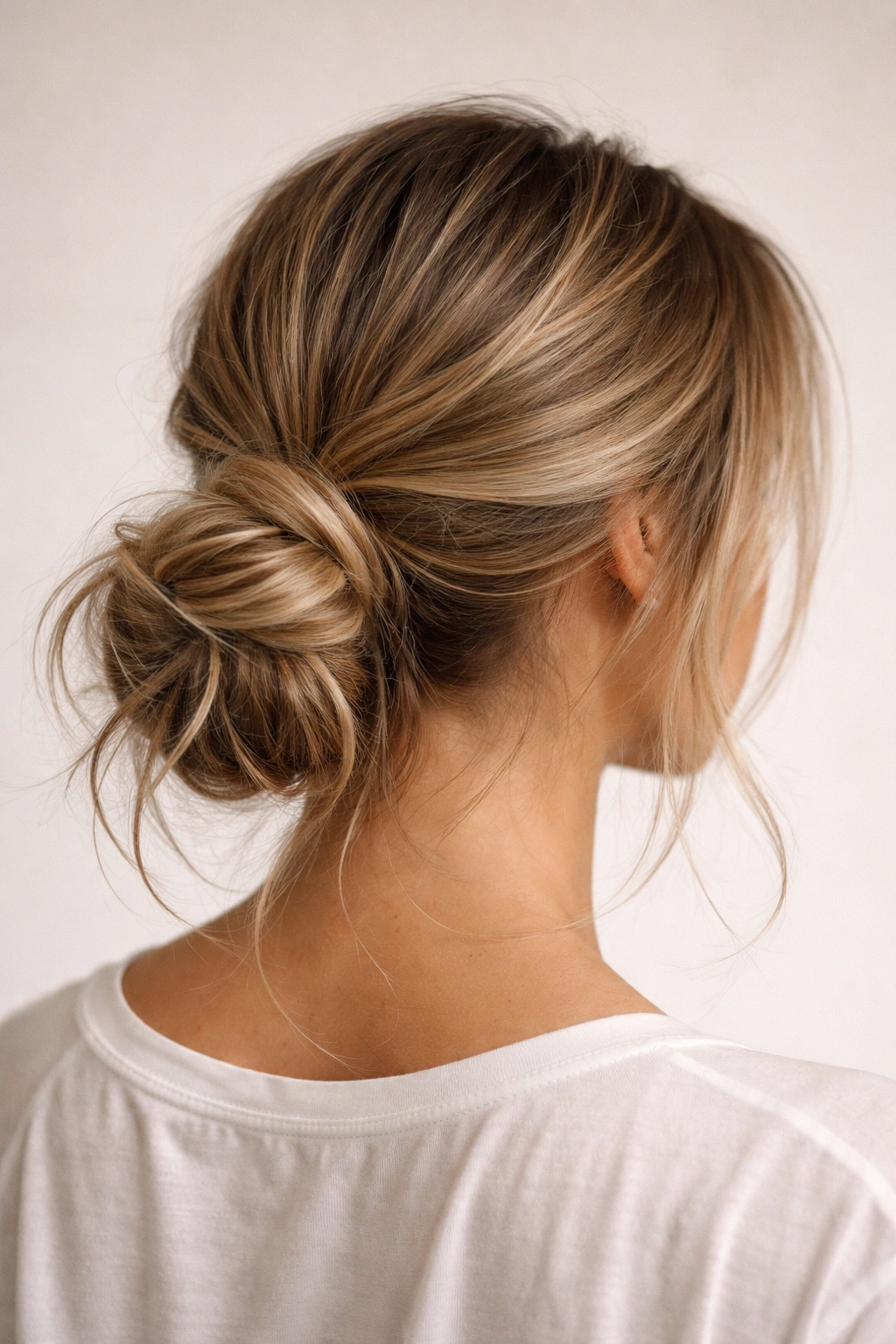 Close-up of a messy low bun formed from a loose ponytail at the nape with textured hair