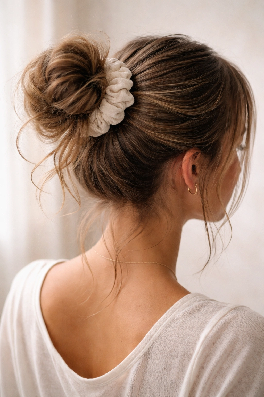 Close-up of messy bun ponytail with scrunchie, tousled strands and relaxed vibe